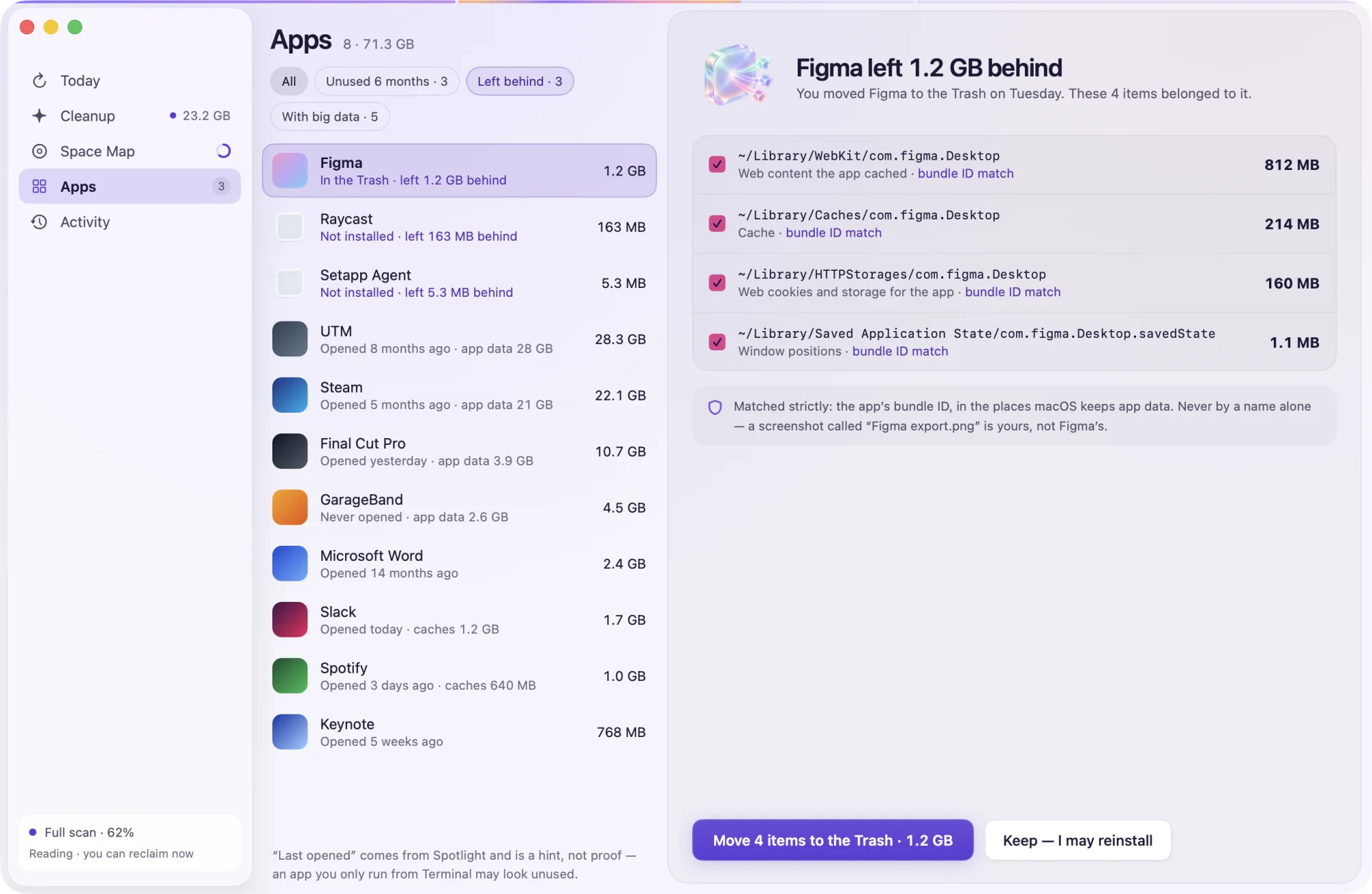The Apps section listing installed apps with their leftovers.